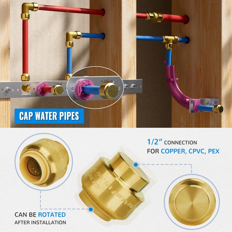 SUNGATOR 6-Pack Push Fit PEX End Cap, 1/2-Inch Push-to-Connect, No Lead Brass Plumbing Fittings with Disconnect Clip for Copper, CPVC - Image 4